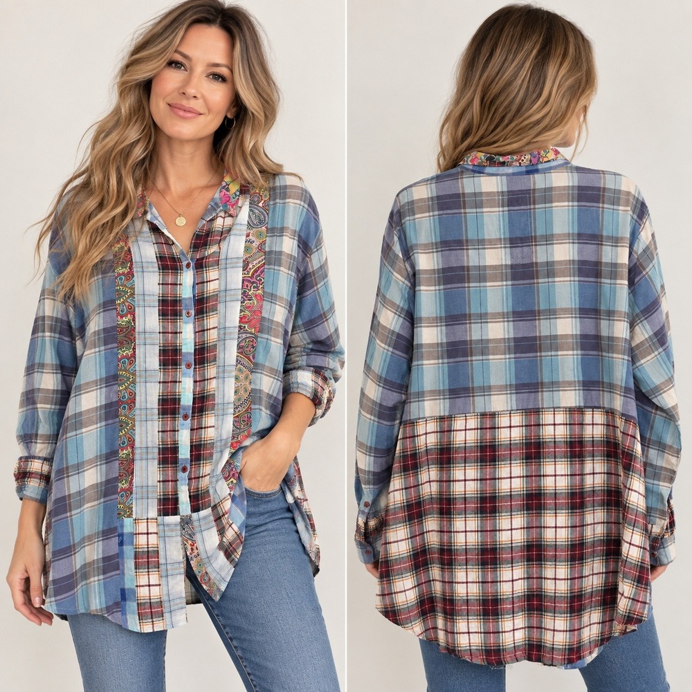 Johnny Was Button Down Mixed Plaid Paisley Patchwork Boho Shirt XL